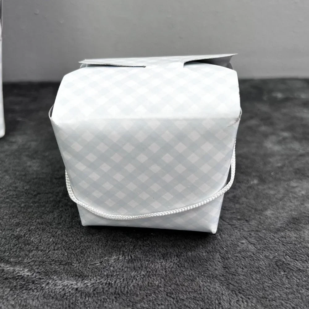 Lot 6 Mini Take Out Boxes Gingham Blue White Check Carrying Handle Gift Goody